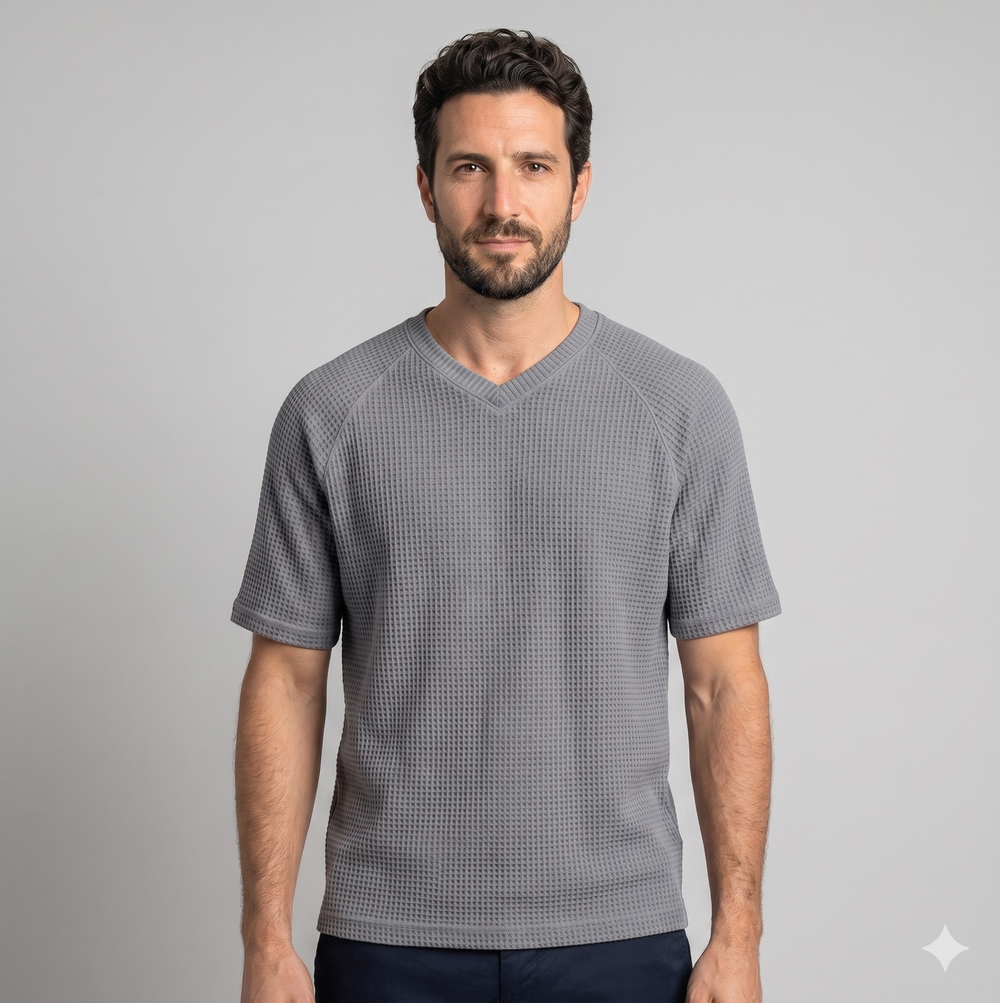 Men's Waffle Knit V-Neck T-Shirt — Raglan Sleeve Casual Summer Tee