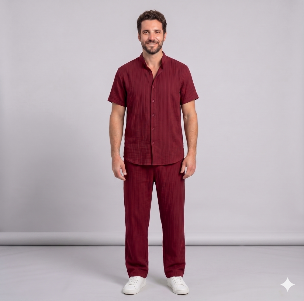 Men's Textured Beach Shirt & Shorts Set — Wrinkled Fabric Two-Piece Outfit