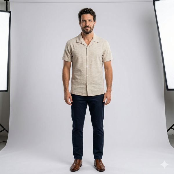 Men's Jacquard Check Short Sleeve Shirt - Casual Button Down