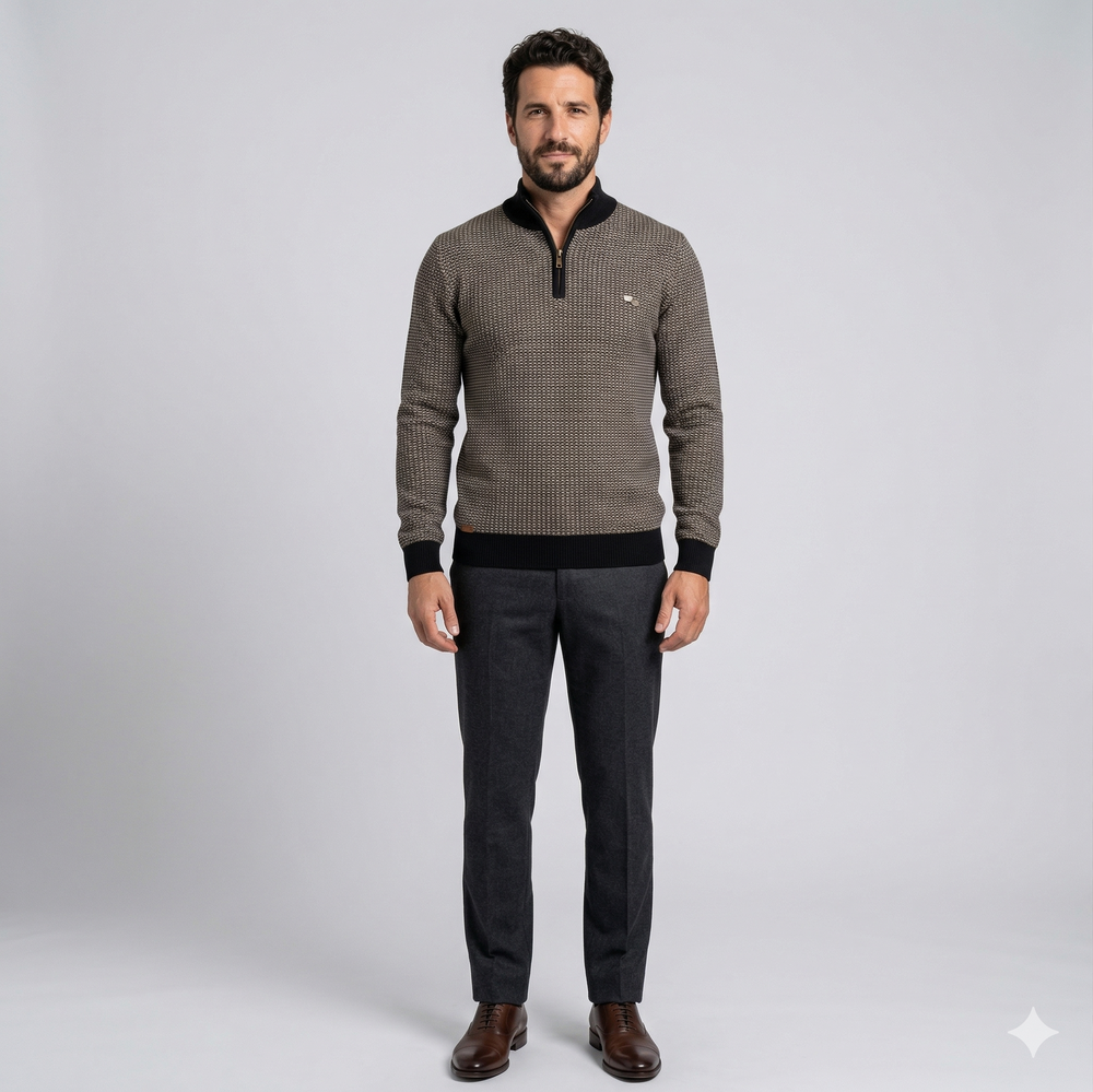 Men's Thick Half Zip Sweater - Stand Collar Warm Knit Pullover