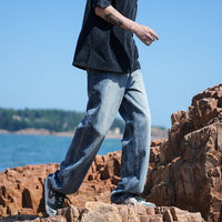 Men's Washed Straight Leg Jeans - Loose Fit Casual Denim - full body