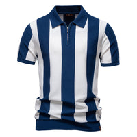 Men's Knit Stripe Polo Shirt - Casual Short Sleeve Collar Top - close up