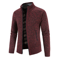 Men's Velvet-Lined Zip Cardigan - Stand Collar Knit Jacket - full body