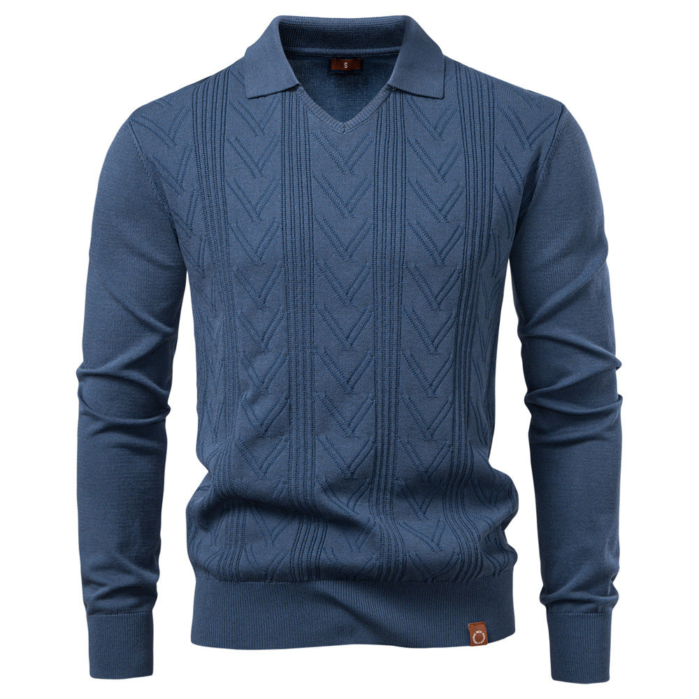 Men's V-Neck Jacquard Sweater - Solid Knit Pullover