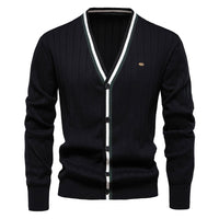 Men's V-Neck Cardigan Sweater - Contrast Trim Knit Jacket - fabric detail