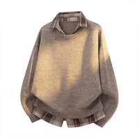 Men's Layered Look Knit Sweater - Shirt Collar Two-In-One Top - fabric detail
