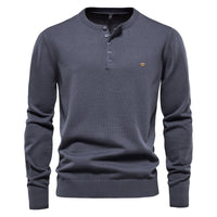 Men's Henley Collar Knit Sweater - Solid Pullover Long Sleeve - back view