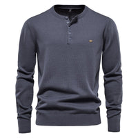 Men's Henley Collar Knit Sweater - Solid Pullover Long Sleeve - styled