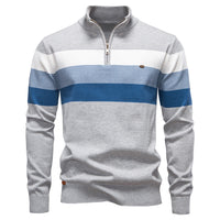 Men's Striped Half Zip Pullover - Knit Sweater Top - model wearing