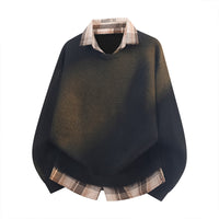 Men's Layered Look Knit Sweater - Shirt Collar Two-In-One Top - close up