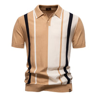 Men's Stripe Patchwork Polo - Knit Short Sleeve Collared Top - styled