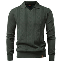Men's V-Neck Jacquard Sweater - Solid Knit Pullover - close up