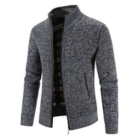 Men's Velvet-Lined Zip Cardigan - Stand Collar Knit Jacket - fabric detail