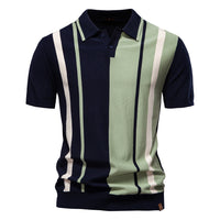 Men's Stripe Patchwork Polo - Knit Short Sleeve Collared Top - front view