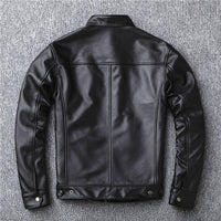 Men's Genuine Calfskin Leather Jacket - Stand Collar Moto Style - front view