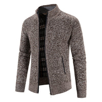 Men's Velvet-Lined Zip Cardigan - Stand Collar Knit Jacket - model wearing