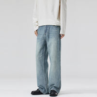 Men's Light Blue Washed Loose Straight Jeans - styled
