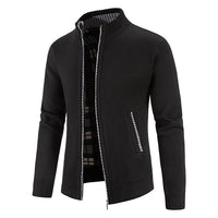 Men's Velvet-Lined Zip Cardigan - Stand Collar Knit Jacket - close up