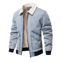 Men's Fleece-Lined Denim Jacket - Washed Casual Jean Coat - front view