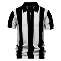 Men's Striped Knit Polo - Short Sleeve Collared Summer Top - close up