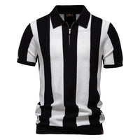 Men's Knit Stripe Polo Shirt - Casual Short Sleeve Collar Top - styled