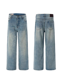 Men's Light Blue Washed Loose Straight Jeans - fabric detail
