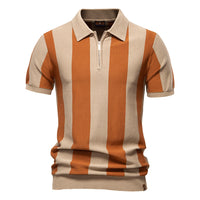 Men's Knit Stripe Polo Shirt - Casual Short Sleeve Collar Top - full body