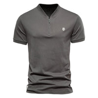 Men's Cotton V-Neck Zip Polo Shirt - Short Sleeve - close up