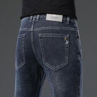 Men's Slim Straight Stretch Jeans - Thick Comfortable Denim - model wearing