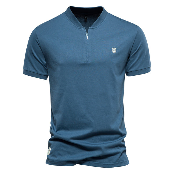 Men's Cotton V-Neck Zip Polo Shirt - Short Sleeve