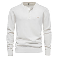 Men's Henley Collar Knit Sweater - Solid Pullover Long Sleeve - model wearing