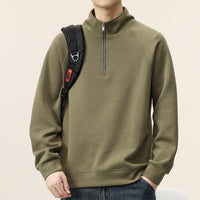 Men's Ribbed Stand Collar Half Zip Top - Raglan Sleeve Sweatshirt - styled