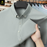 Men's Oxford Cotton Short Sleeve Shirt - Casual Button Down - model wearing