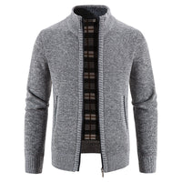 Men's Velvet-Lined Zip Cardigan - Stand Collar Knit Jacket - detail