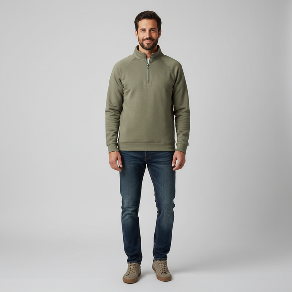 Men's Ribbed Stand Collar Half Zip Top - Raglan Sleeve Sweatshirt