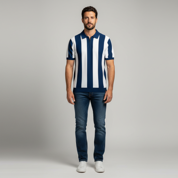 Men's Knit Stripe Polo Shirt - Casual Short Sleeve Collar Top