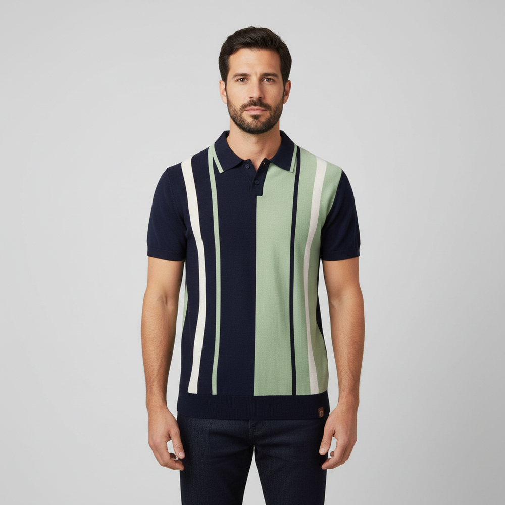 Men's Stripe Patchwork Polo - Knit Short Sleeve Collared Top