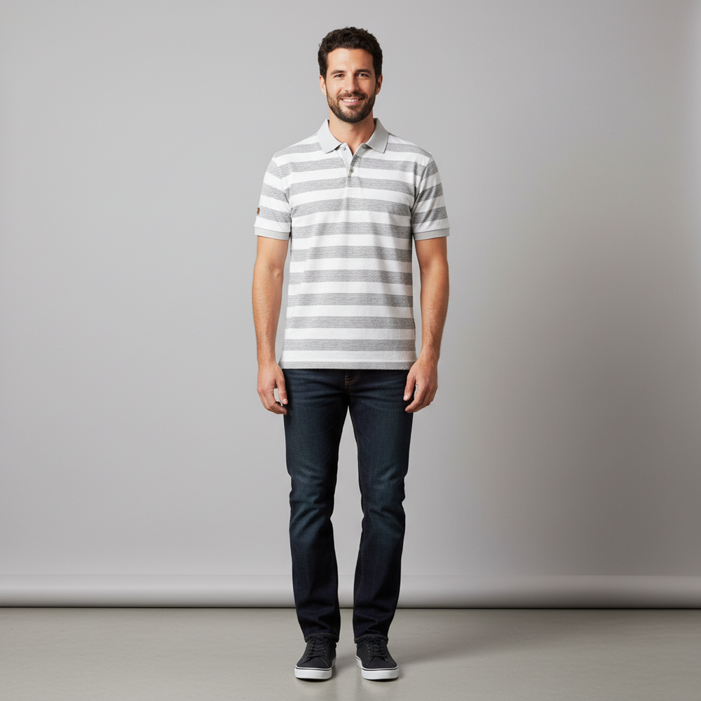 Men's Cotton Striped Polo Shirt - Classic Short Sleeve