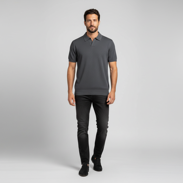 Men's Textured Knit Polo Shirt - Business Casual Short Sleeve