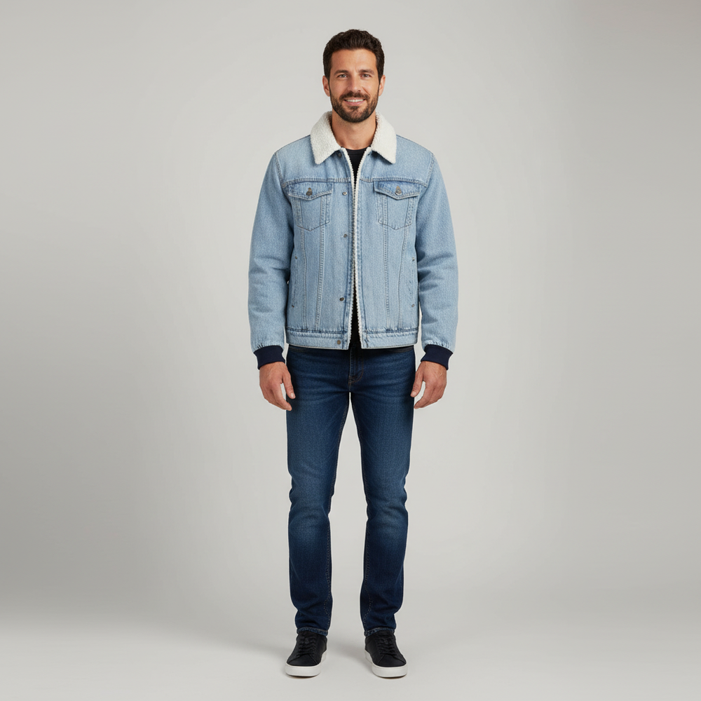 Men's Fleece-Lined Denim Jacket - Washed Casual Jean Coat
