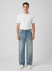Men's Light Blue Washed Loose Straight Jeans - close up