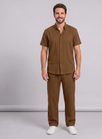 Men's Textured Beach Shirt & Shorts Set — Wrinkled Fabric Two-Piece Outfit