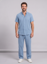 Men's Textured Beach Shirt & Shorts Set — Wrinkled Fabric Two-Piece Outfit