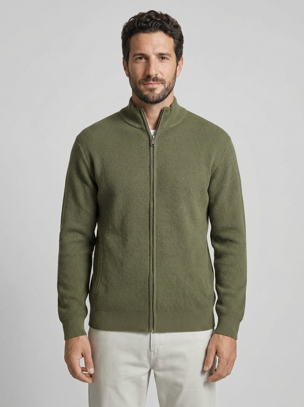 Men's Old Money Textured Knit Jacket - Zip Stand Collar Sweater