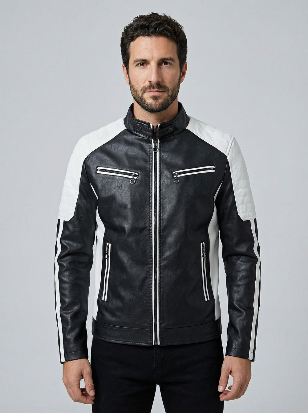 Men's PU Leather Biker Jacket - Stand Collar Motorcycle Coat
