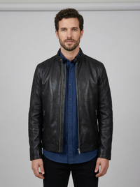 Men's Genuine Calfskin Leather Jacket - Stand Collar Moto Style
