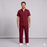 Men's Textured Beach Shirt & Shorts Set — Wrinkled Fabric Two-Piece Outfit
