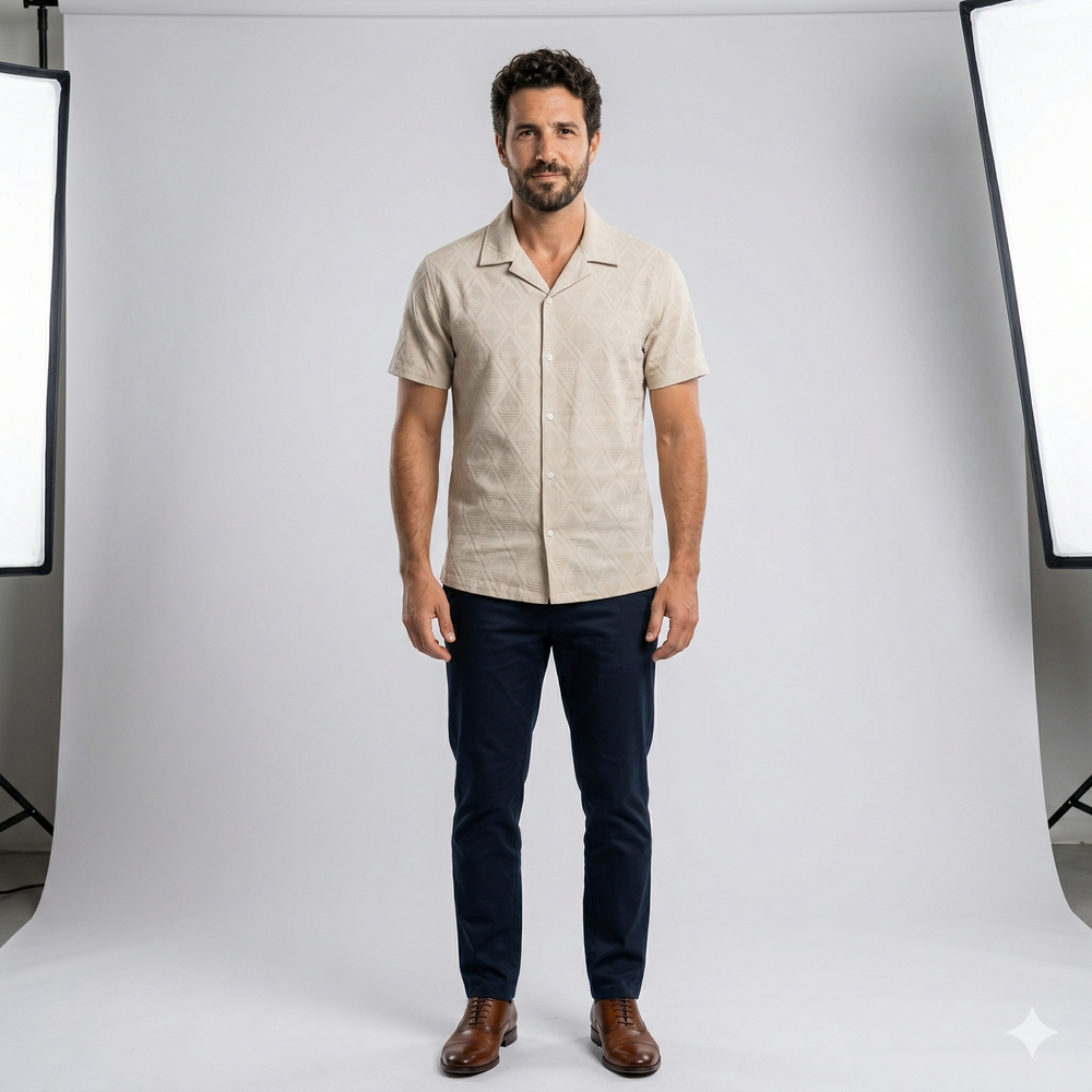 Men's Jacquard Check Short Sleeve Shirt - Casual Button Down