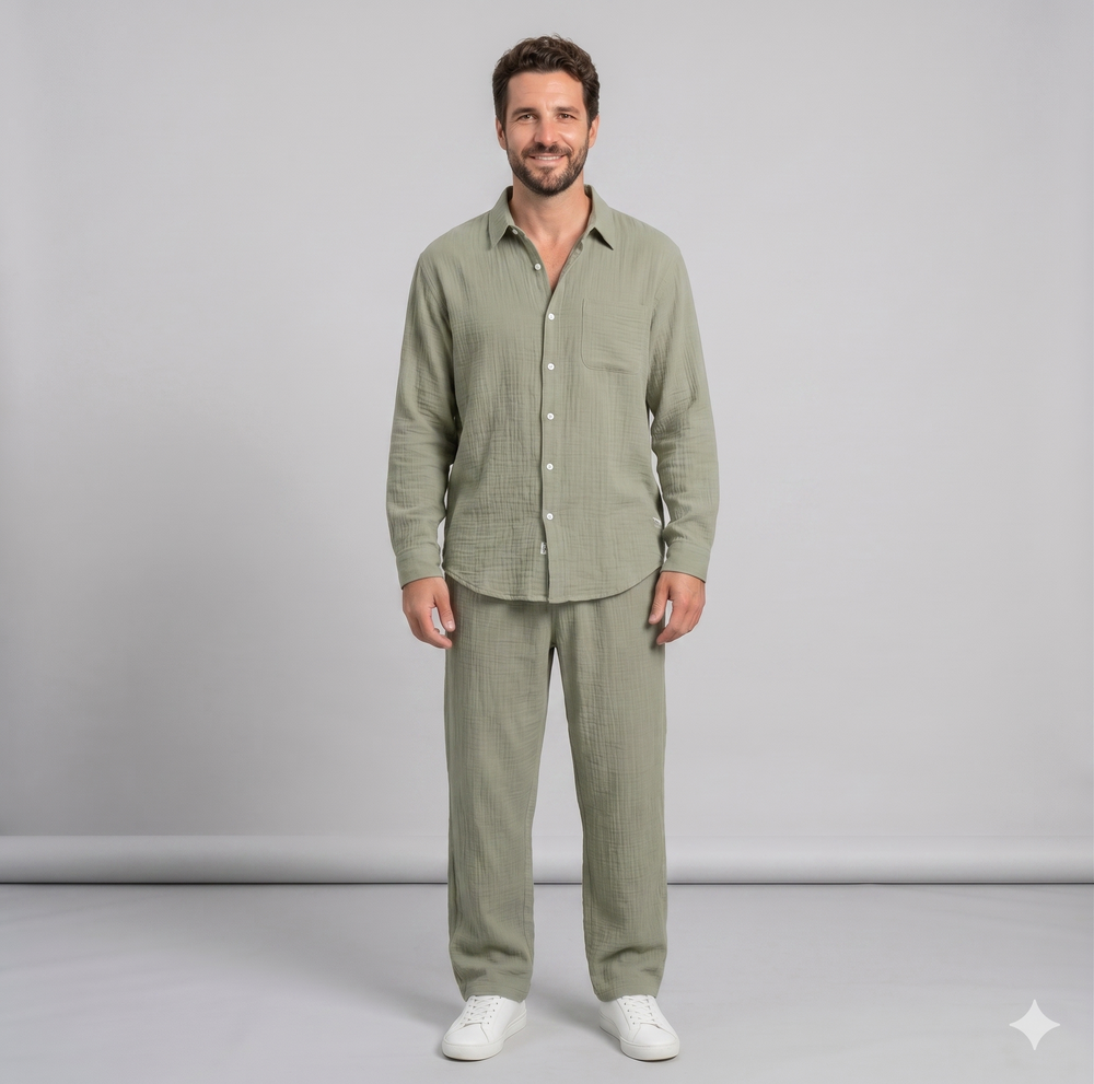 Men's Linen Blend Shirt & Pants Set — Long Sleeve Button-Up Two-Piece Suit