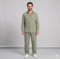 Men's Linen Blend Shirt & Pants Set — Long Sleeve Button-Up Two-Piece Suit